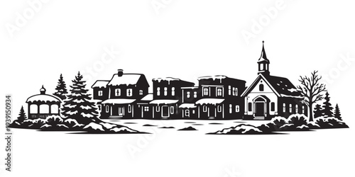 Snow Town Main Street Silhouette, Silhouette Vector, Isolated on White Background