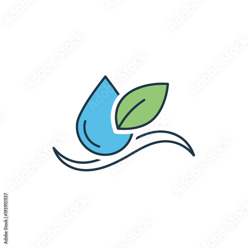 Water drop, green leaf, and wave ecological icon