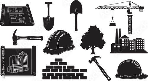 Construction icons and tools for building and architecture projects