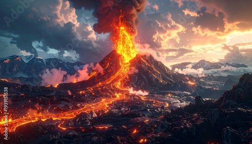 Fiery volcano erupts with molten lava flowing down its slopes