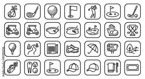 A collection of golf icons and symbols on a white background