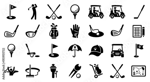 A collection of golf icons and symbols on a white background