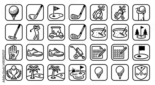 A collection of golf icons and symbols on a white background