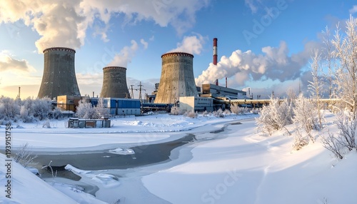 Industrial power plant cooling towers emitting steam in a snowy landscape