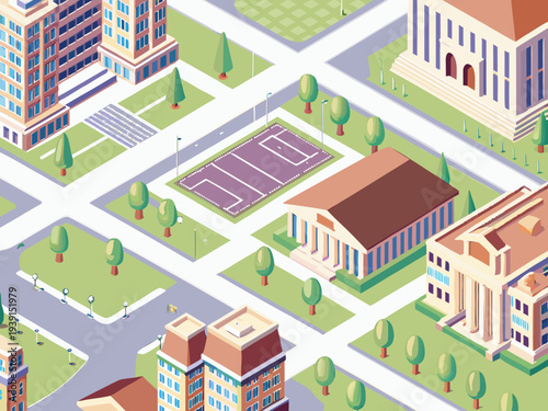 Isometric illustration of a city park with buildings and recreational areas