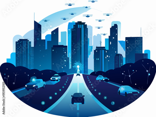 Futuristic cityscape with flying vehicles and a glowing highway scene