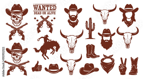 Western cowboy elements collection in vintage line style, skulls, revolvers, hats, bull skulls, boots, and cacti