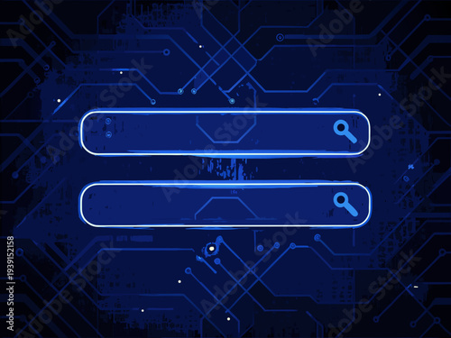 Digital interface with search bars overlaid on a circuit board background