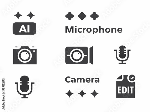 Collection of black glyph icons representing ai microphones and cameras