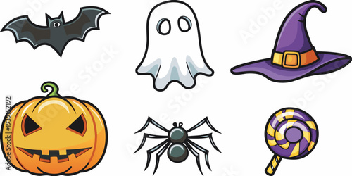 Colorful halloween icons featuring a bat ghost witch hat and more