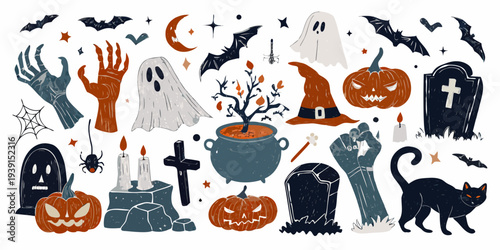 A spooky halloween collection with ghosts pumpkins and other eerie elements