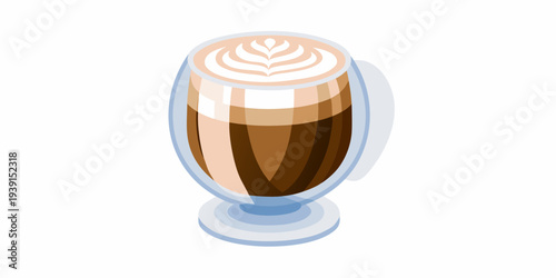 A stylized illustration of a latte in a clear glass cup