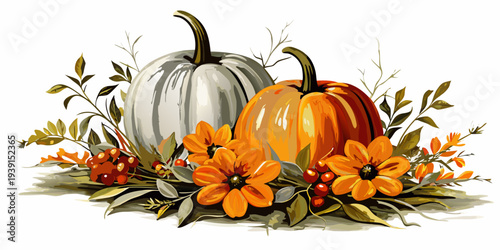 Two pumpkins with autumn foliage create a seasonal still life arrangement