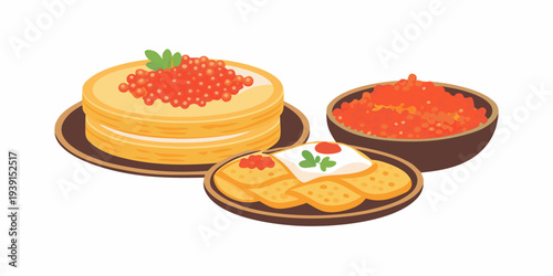 A colorful assortment of blini with caviar and salmon roe is displayed