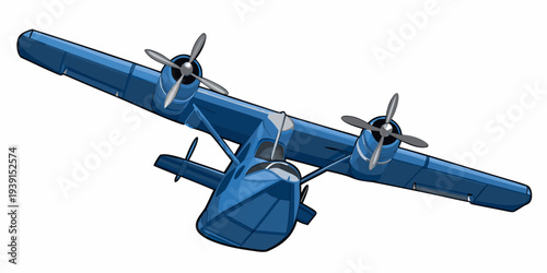 Cartoon illustration of a blue seaplane with two engines and pontoons
