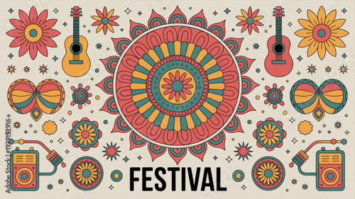 Vibrant festival banner with colorful mandala guitars flowers and music elements on cream background perfect for music events