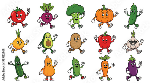 Cartoon vegetables collection featuring happy tomatoes, beets, broccoli, pumpkins, cucumbers, avocados, potatoes, and peppers