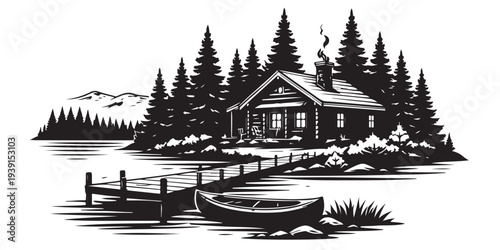 Rustic Lakeside Cabin Silhouette, Silhouette Vector, Isolated on White Background
