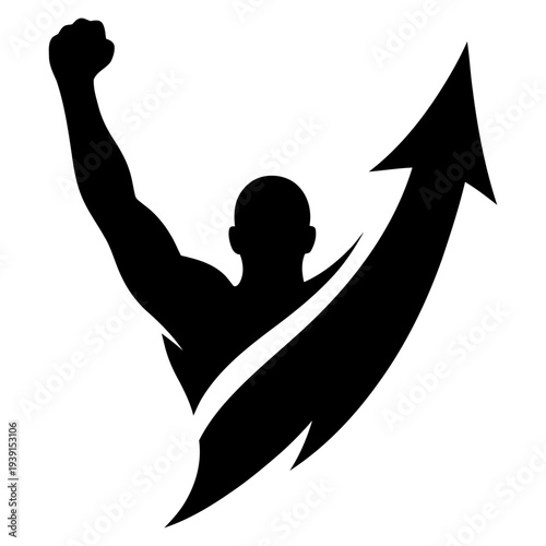 Modern fitness and vitality symbol featuring a human torso in a victory pose with an upward arrow | Energetic power and growth logo | Flat vector icon