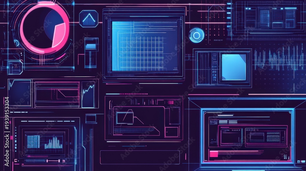 Fototapeta premium Vintage tech wireframes with bold colorful digital patterns