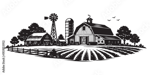 Midwest Farm Skyline Silhouette, Silhouette Vector, Isolated on White Background