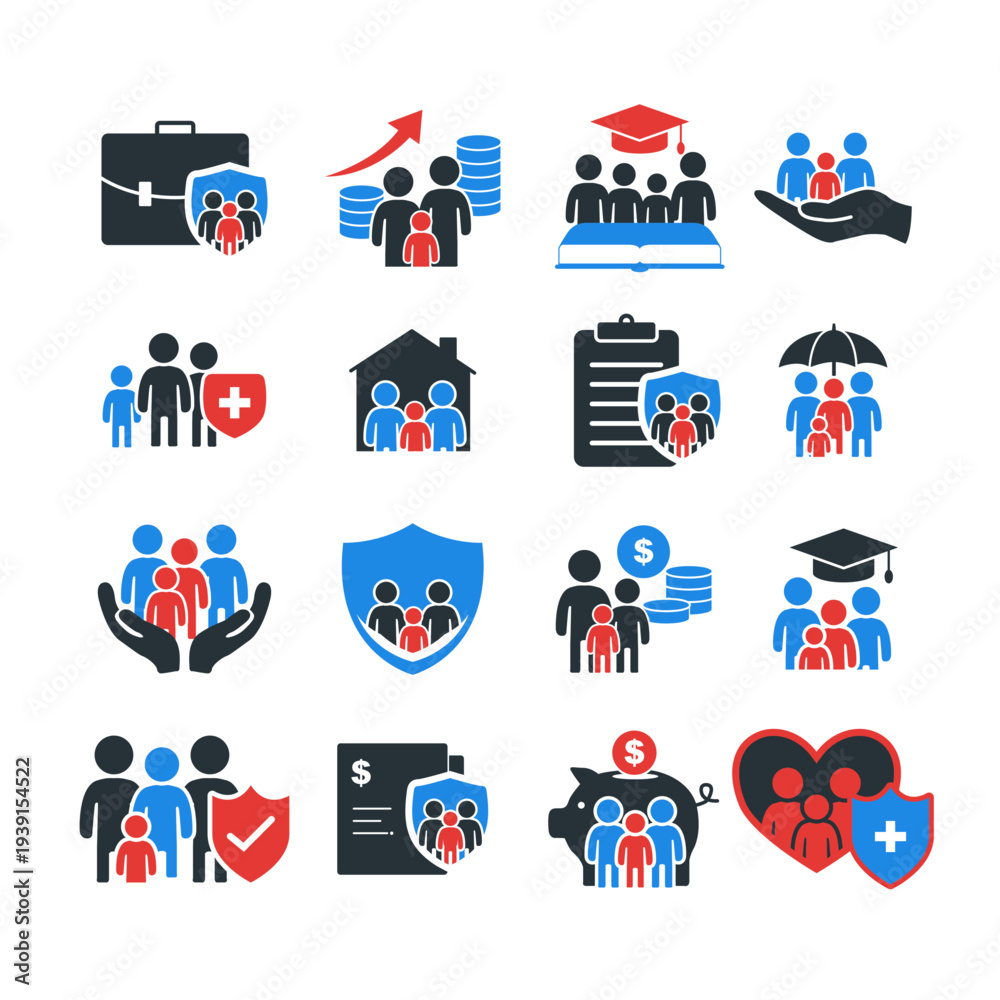 Fototapeta premium Family Insurance and Financial Protection Icons Set Flat Color Vector