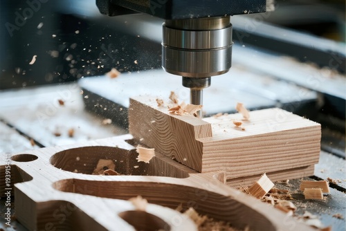 CNC machine drilling into wooden block, producing wood shavings in workshop setting