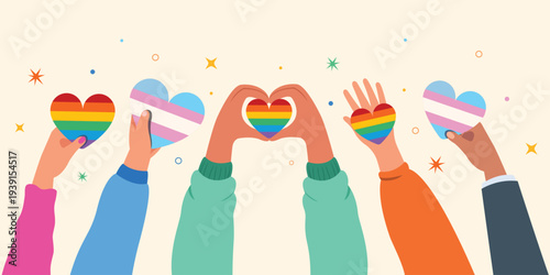 Banner pride month celebration. Vector illustration of a set of hand holding different LGBT pride flag in heart shape.   