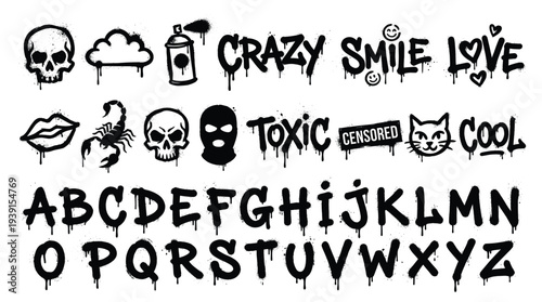 Urban graffiti elements collection with skulls, scorpions, lips, masks, toxic words, cool cats, and dripping alphabet