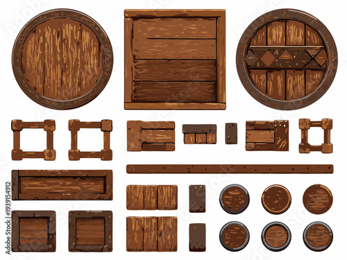 Collection of wooden elements barrels planks and decorative blocks