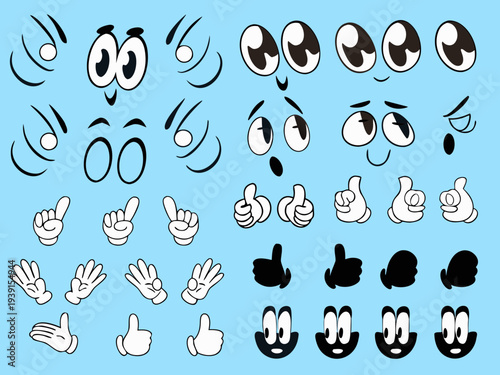 Collection of cartoon eyes hands and mouths for animation purposes