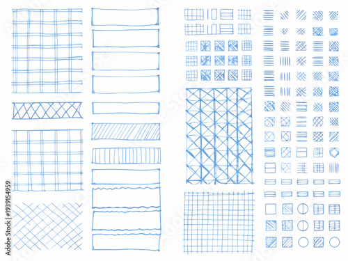 Collection of hand drawn blue line patterns and geometric shapes on white