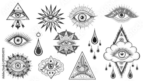 Collection of mystical eyes and geometric shapes in black and white
