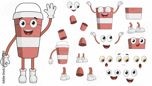 Cartoon beverage components and a full character design sheet