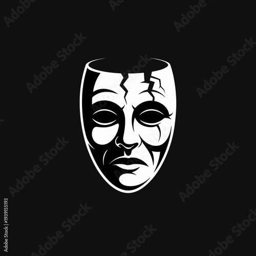 Broken Theater Mask Minimal Black and White Tragedy Drama Face Illustration