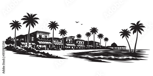 Coastal Main Street Silhouette, Silhouette Vector, Isolated on White Background