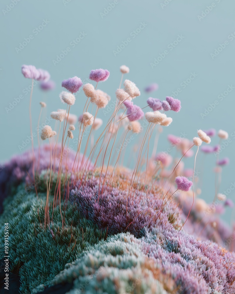 Fototapeta premium Rounded grassy hill covered in velvety moss with delicate pink and purple flowers emerging from the surface against a soft blue background