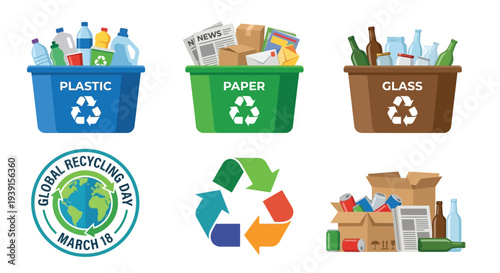 Colorful recycling bins for plastic paper and glass plus related icons