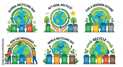 Global recycling day illustrations promoting environmental awareness and sustainable practices