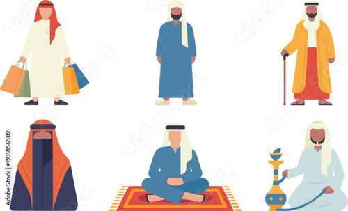 Minimal Middle Eastern people illustration set featuring men in traditional thobe attire sitting standing shopping and cultural lifestyle poses