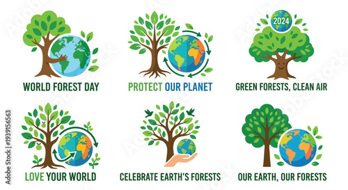 Illustrations of trees incorporating the earth promoting environmental awareness