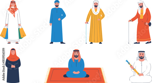 Minimal Middle Eastern people illustration set featuring men in traditional thobe attire sitting standing shopping and cultural lifestyle poses
