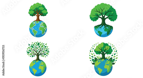 Trees growing on globes representing environmental conservation and sustainability