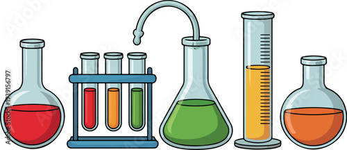 Minimal laboratory glassware line illustration set with flasks test tubes rack graduated cylinder arranged horizontally educational science chemistry equipment vector