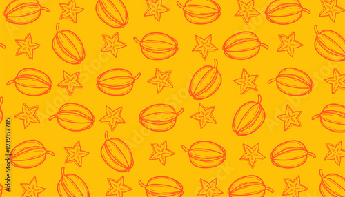 Starfruit Seamless Pattern. Carambola Fruit Illustration. Handdrawn Tropical Food Doodle. Repeating Exotic Fruit Texture. Minimalist Botanical Background. Fresh Fruit Pattern Design.