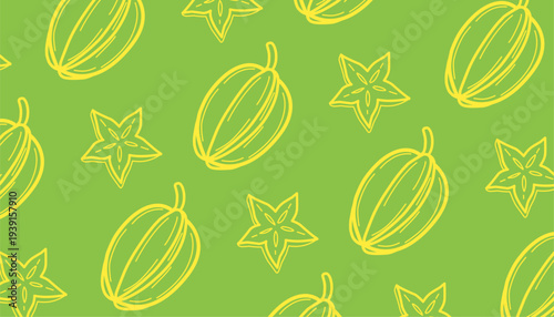 Starfruit Seamless Pattern. Carambola Fruit Illustration. Handdrawn Tropical Food Doodle. Repeating Exotic Fruit Texture. Minimalist Botanical Background. Fresh Fruit Pattern Design.