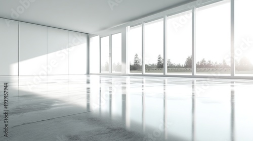 Bright minimal interior with wide shot, natural light filling clean modern space, high detail architecture, empty open room with simple calm design and bright airy atmosphere.