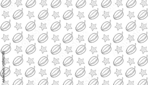 Starfruit Seamless Pattern. Carambola Fruit Illustration. Handdrawn Tropical Food Doodle. Repeating Exotic Fruit Texture. Minimalist Botanical Background. Fresh Fruit Pattern Design.