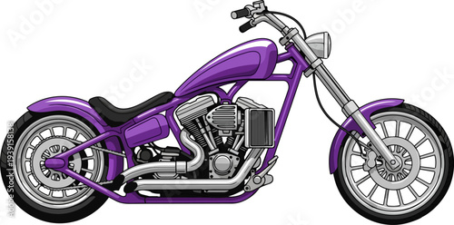 A sleek purple motorcycle viewed from the side with shiny chrome accents and black tires on a clean background