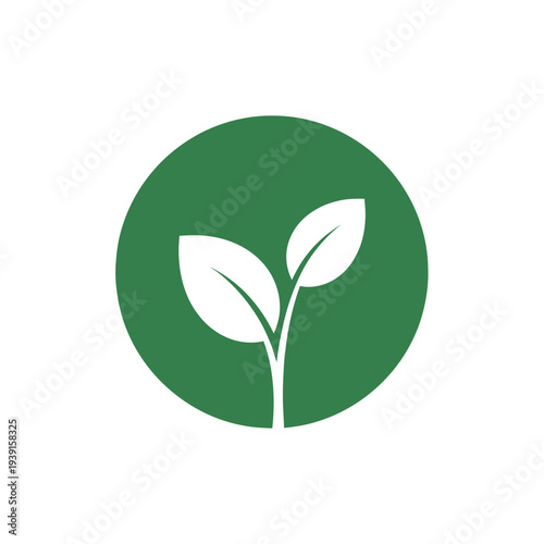 Green circle with white plant sprout and two leaves